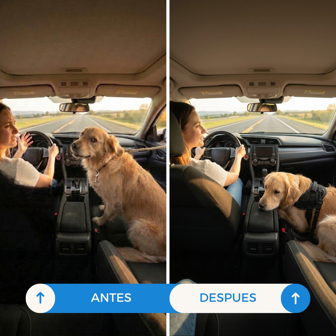 Antes y despu&eacute;s de usar cintur&oacute;n de seguridad para perros en el auto